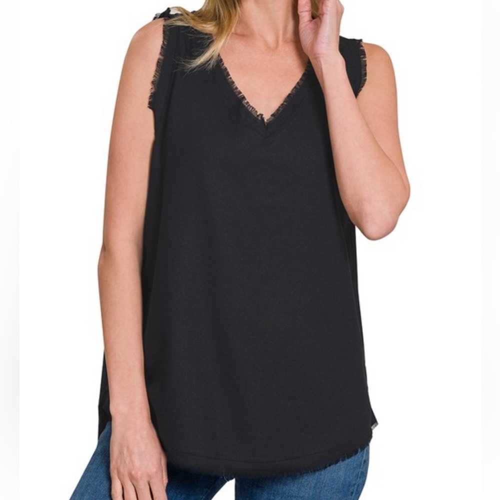 Linen Frayed Edge V-Neck Sleeveless Top Black